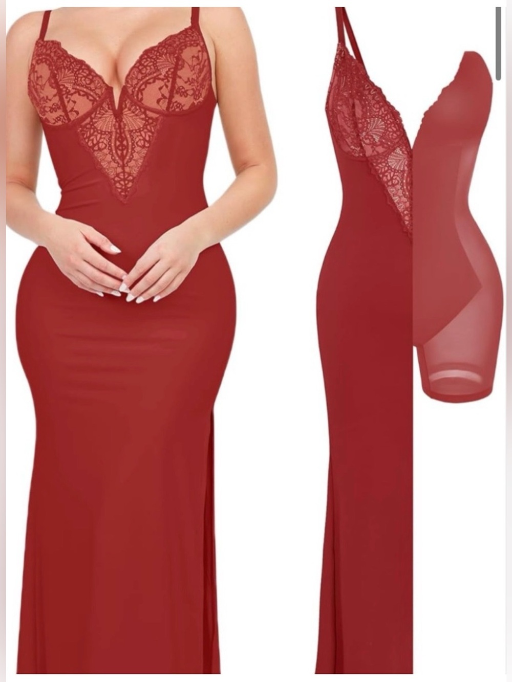 Popilush Red Lace Deep V Maxi Dress for Women built in Shapewear